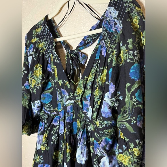 Free People Black Floral Babydoll Mini Dress Balloon Sleeves Flowy Size Small - Picture 2 of 10